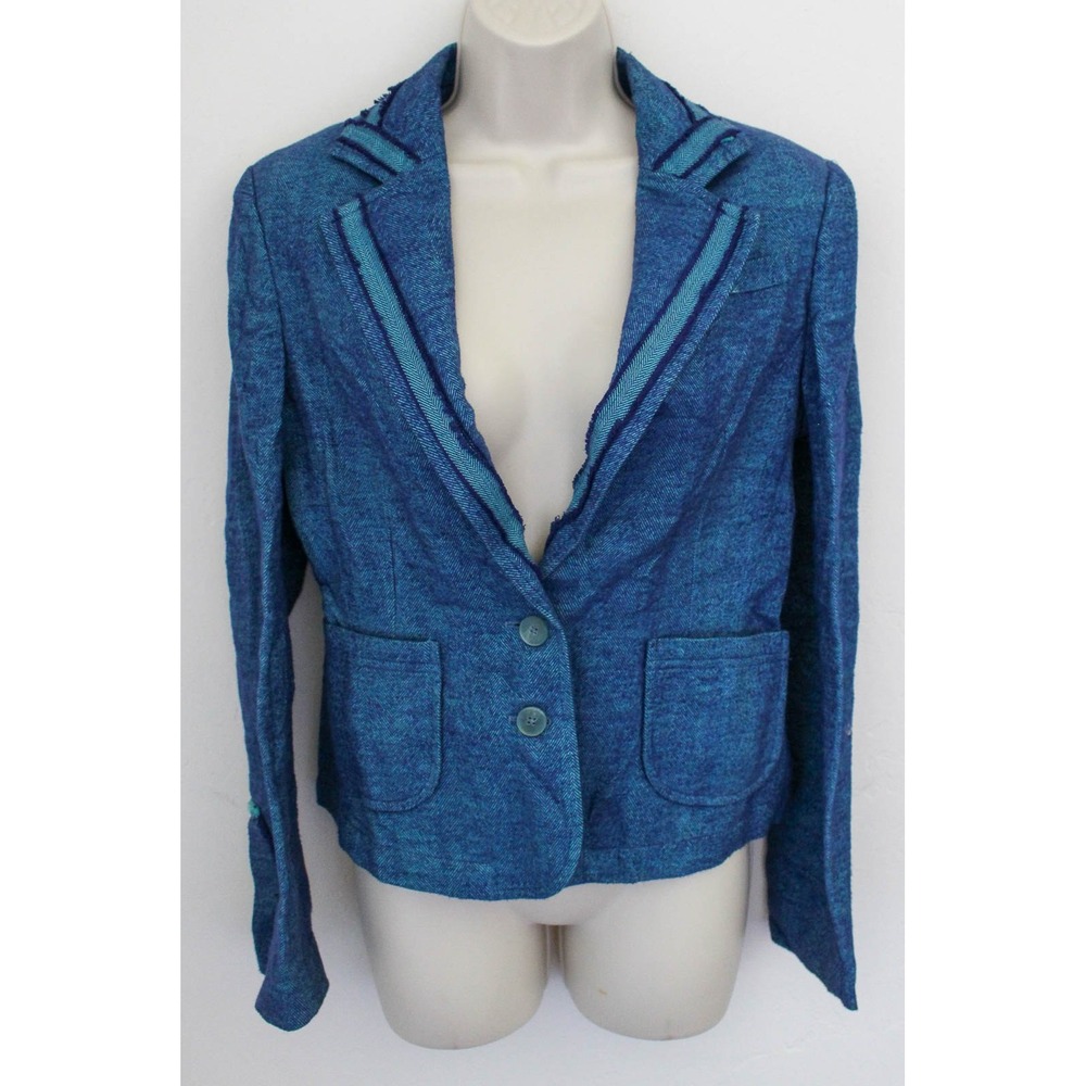 Robert Graham Blazer Womens 6 Blue Herringbone Cotton Two Button Raw Edge Trim